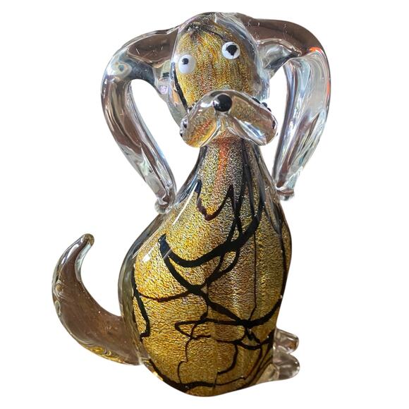 RARE 8” GCA Art Glass Murano Style Dog Puppy Sculpture Layered Gold & Black - Picture 8 of 16